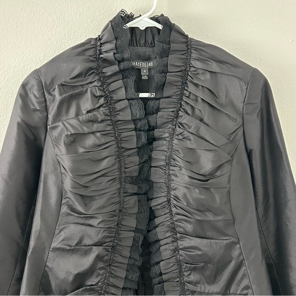 VTG Lafayette 148 Black 100% Silk Ruched Ruffle Lace Trim Jacket Blazer Womens 4 - Picture 2 of 10